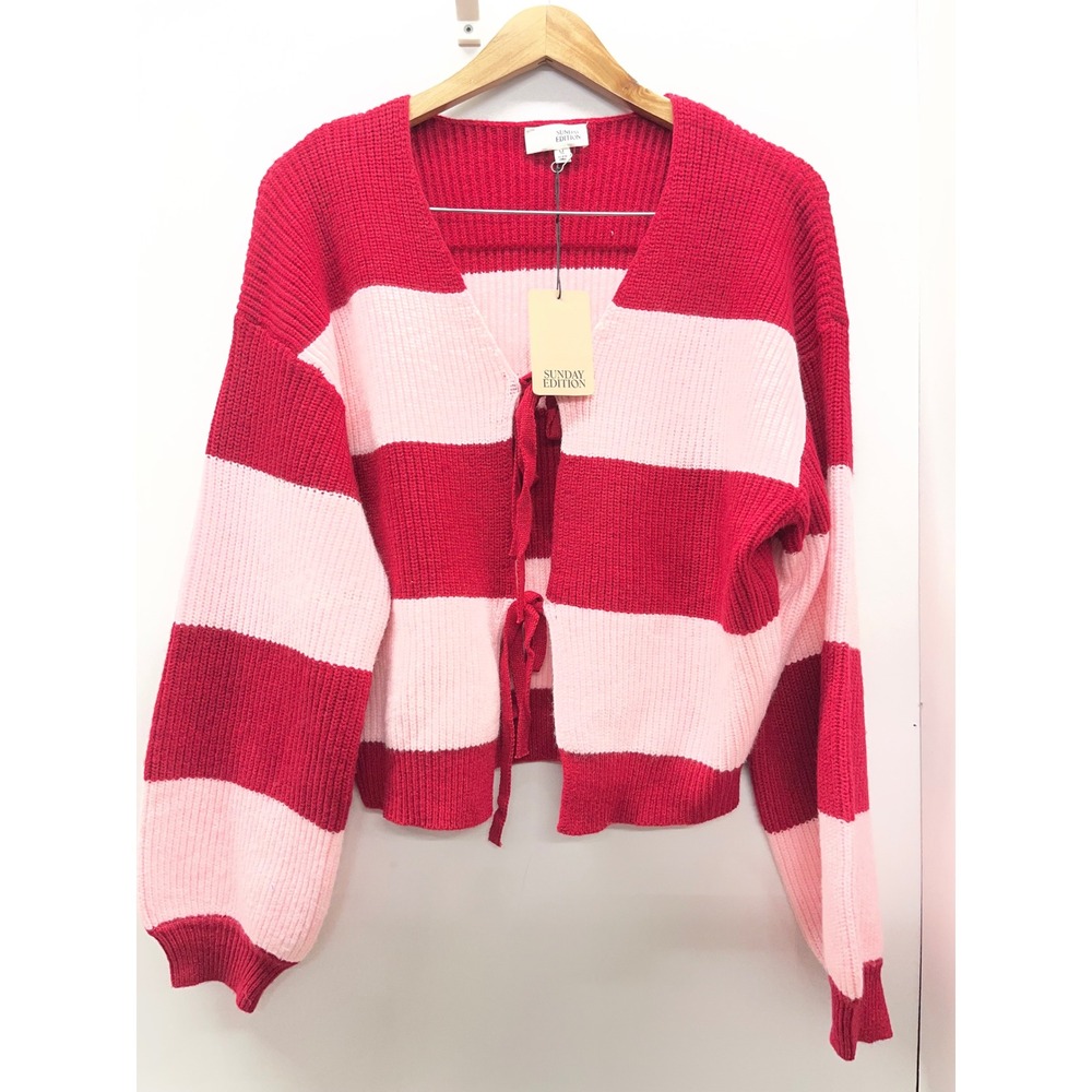 Sunday Edition Red Pink Striped Tie Front Cardigan Sweater NWT Size M